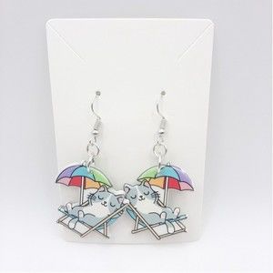 Beach Kitty Cat Umbrella Sunshine Ocean French Hook Acrylic Earrings New